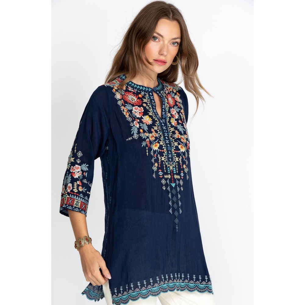 Johnny Was Women Vicenza Embroidered Boho Navy‎ Blue Cupra Peasant Tunic Size M